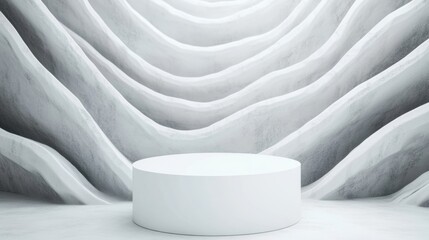 Poster - A smooth, white pedestal stands alone against a textured, wavy gray wall, creating a striking minimalist composition