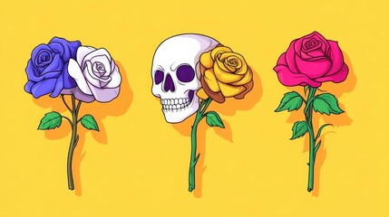 Wall Mural - A vibrant collection of decorative skulls featuring colorful roses, perfect for unique home decor or art displays.