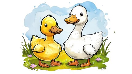 Sticker - A charming watercolor artwork featuring a playful yellow duckling  a graceful white goose on a crisp white background.