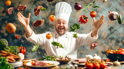 A cheerful chef joyfully tosses various meats and vegetables into the air, showcasing creativity and passion in a vibrant kitchen atmosphere