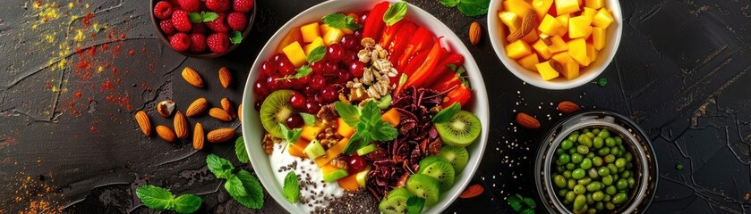 Vibrant and colorful healthy salad with fresh fruits, nuts, and seeds, perfect for a nutritious meal or snack option.