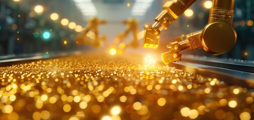 Aufkleber - A futuristic factory with robotic arms assembling gold, highlighting the technological advancements in gold production