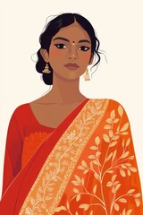 Minimalism illustration, a Sri Lankan woman, wearing a colorful saree in bright red with gold embroidery, traditional fashion, flat illustration on soft beige background 