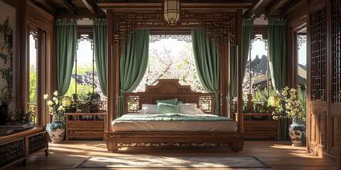 Wall Mural - A bedroom in the Chinese style, with carved wooden furniture and green curtains on both sides of the bed, generative AI