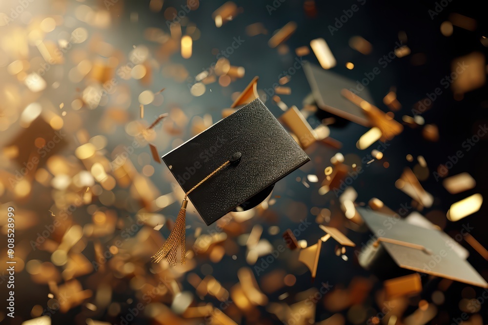 Luxury presentation of academic success, with empty graduation caps and ...