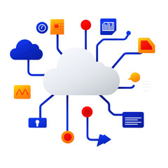 Wall Mural - Cloud connected to various data and technology icons, representing cloud computing and data integration. The design showcases elements of security, analytics, storage, and communication.