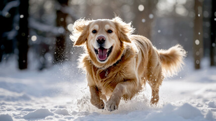 Golden Retriever having fun in the snow in winter