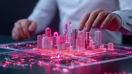 A hand interacts with a holographic city model, showcasing advanced technology and urban design in vibrant colors.