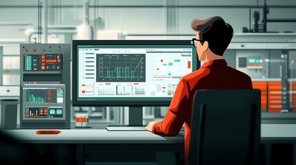 Aufkleber - Man Working at Computer with Data Analysis on Screen.