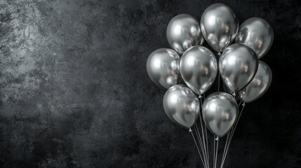 a horizontal banner with a bunch of shiny silver balloons on a black surface