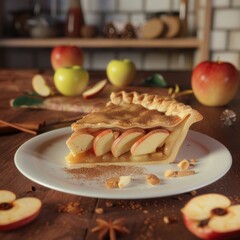 Poster - A slice of apple pie with a cinnamon topping sits on a white plate