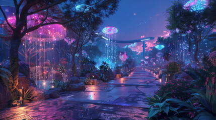 Wall Mural - A neon forest with purple trees and a purple mushroom