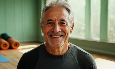 Sticker - Portrait of happy senior man smiling at camera in fitness studio.