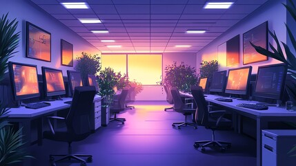 Poster - Modern office with a sunset view.