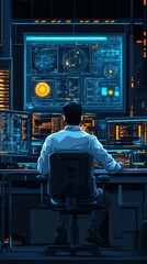 Leinwandbilder - Hacker in a dark room with multiple computer screens.