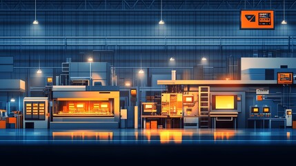 Poster - Industrial Factory Interior with Machinery and Lighting.