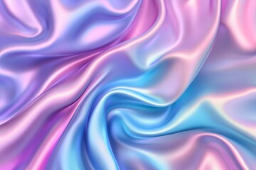 Poster - 3D render of a fluid holographic background in pastel pink and blue colors with wave elements and a silk fabric texture that looks shiny
