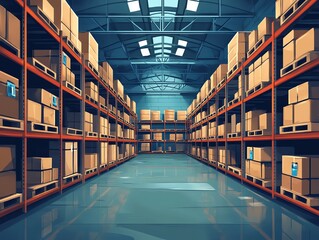 Poster - Warehouse Interior with Cardboard Boxes on Shelves.