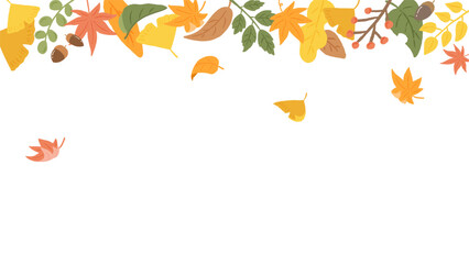 Wall Mural - Colorful autumn leaves, background frame of leaves falling in the wind, cute hand drawn illustration / カラフルな秋の葉、風に吹かれて落ちる葉の背景フレーム、かわいい手描きイラスト