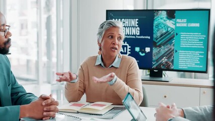 Poster - Ai, business people and team discussion in meeting with leader for coaching in office. Group, data engineer and work on machine learning information, planning and training with mature project manager
