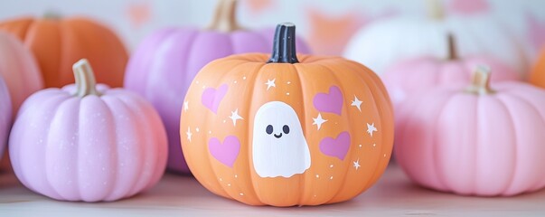 a pink, purple, orange, and white painted pumpkin with a ghost face, hearts, and stars drawn on it in pastel colors. fun Halloween themed party decorations