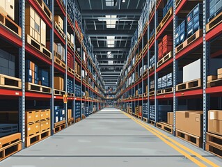 Poster - Warehouse with Rows of Pallets and Boxes.