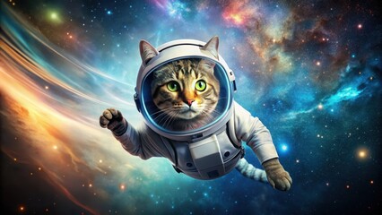 Wall Mural - Space cat floating in zero gravity with astronaut helmet, space, cat, astronaut, helmet, floating, zero gravity, cosmic