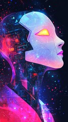 Aufkleber - Futuristic AI Portrait with Neon Lights.