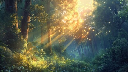 Green trees of tropical rainforest morning rays, view from below, sunlight can be seen penetrating the leaves.	