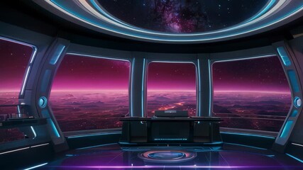 Wall Mural - Video footage of futuristic spaceship interior with a view of outer space from the cockpit