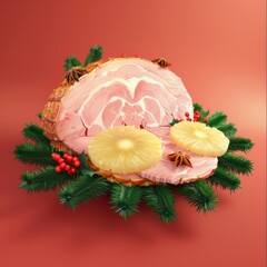 Wall Mural - A ham hock with pineapple slices and spices on top of a red background