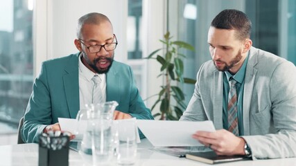 Canvas Print - Businessman, meeting and discussion with paperwork for budget, finance or company expenses at office. Man, accountant or team discussing documents for financial analysis or overview at workplace