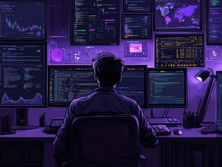 Poster - Hacker working on computer in dark room.