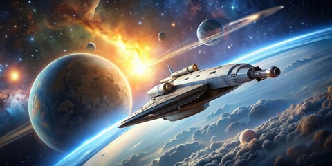 Wall Mural - Spaceship flying in outer space with stars in the background, exploration, futuristic, technology, travel, adventure