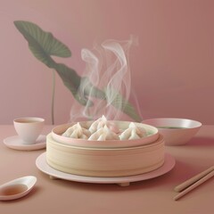 Poster - A bowl of food with steam rising from it sits on a table with a cup