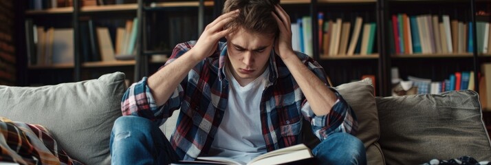 Caucasian male student sitting on sofa covering his head with a notebook due to fatigue while working on homework Young man in casual attire taking a break during study session sitting in c