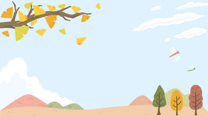 Wall Mural - Autumn landscape, background frame with ginkgo trees and leaves, cute hand drawn illustration / 秋の風景、イチョウの木と葉の背景フレーム、かわいい手描きイラスト