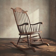 Canvas Print - A wooden rocking chair is sitting in a room with a wall