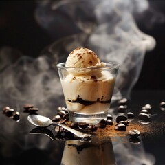 Canvas Print - A glass of ice cream with a brown topping and a spoon next to it