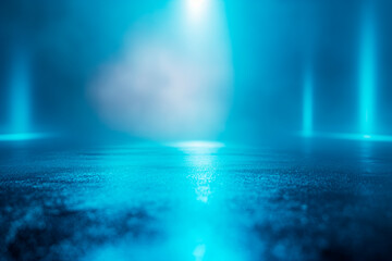 Poster - An empty stage with blue lighting effects on a dark textured floor against a hazy blue background, concept of presentation space. Generative AI
