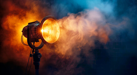 Poster - A shining spotlight with fog effects against a dark brick wall background, concept of stage lighting. Generative AI