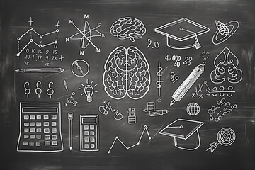 Aufkleber - Chalk-drawn educational icons on a blackboard, white chalk illustrations, dark classroom background, concept of learning. Generative AI