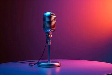 Poster - A vintage microphone with colorful lighting on a gradient purple background, symbolizing creative audio concepts. Generative AI