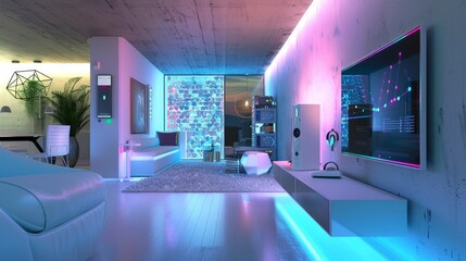 Wall Mural - A brightly lit room with a white couch and a white television