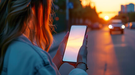 Poster - Person holding a smartphone with sunset reflection, city street background, showcasing a concept of technology and nature. Generative AI