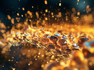 Aufkleber - Sparkling liquid with droplets in motion, vibrant orange and blue tones, against a blurred background, concept of energy. Generative AI