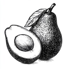 black and white vintage engraved art of a avocado isolated on white background, ink sketch illustrat