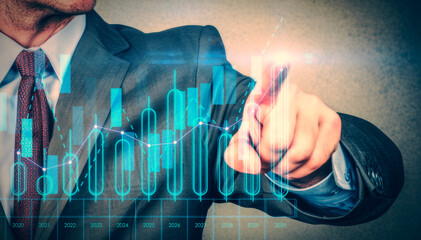 Poster - Businessman with futuristic glowing graph overlay, photographic mixed media, textured background, concept of financial growth. Generative AI