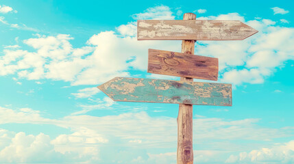 Aufkleber - Wooden direction sign against a cloudy sky, symbolizing decision making and choices. Generative AI
