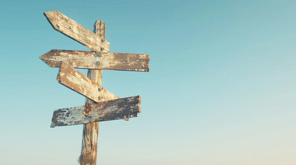 Leinwandbilder - Wooden directional signs on a pole against a clear blue sky, symbolizing choice and decision-making. Generative AI